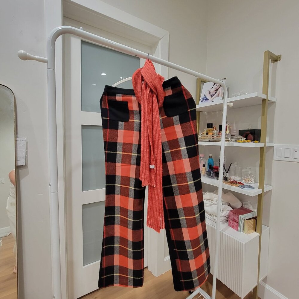Fall/Winter Wool black Orange Plaid Wide Leg Pant with scaf